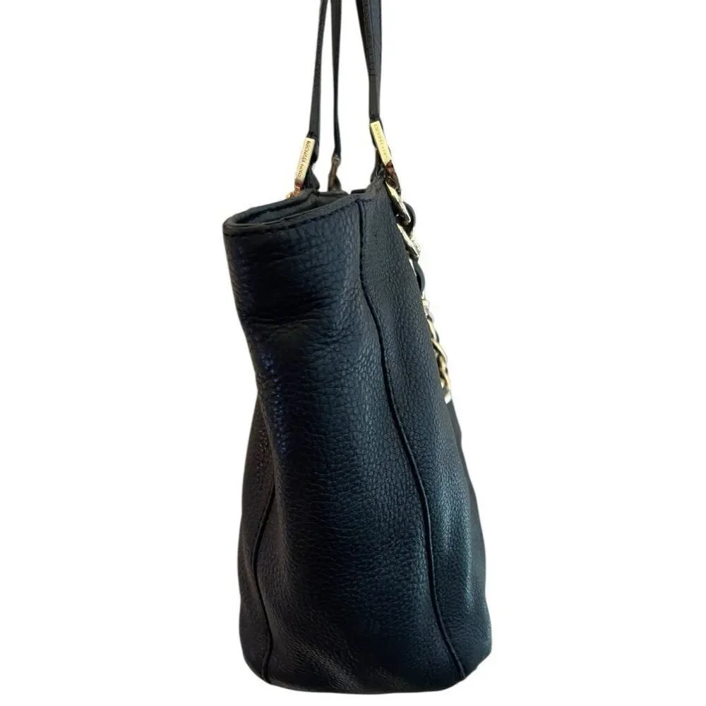Michael Kors Black Pebbled Leather Harper East West Tote Bag Gold Links Purse - Picture 4 of 11